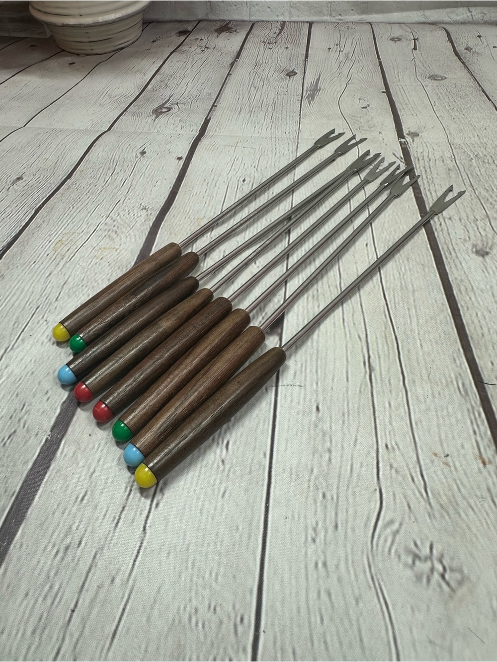 vtg MCM 8pc Fondue/Skewer Forks Wood Handles Multicolor Tips mid-century modern